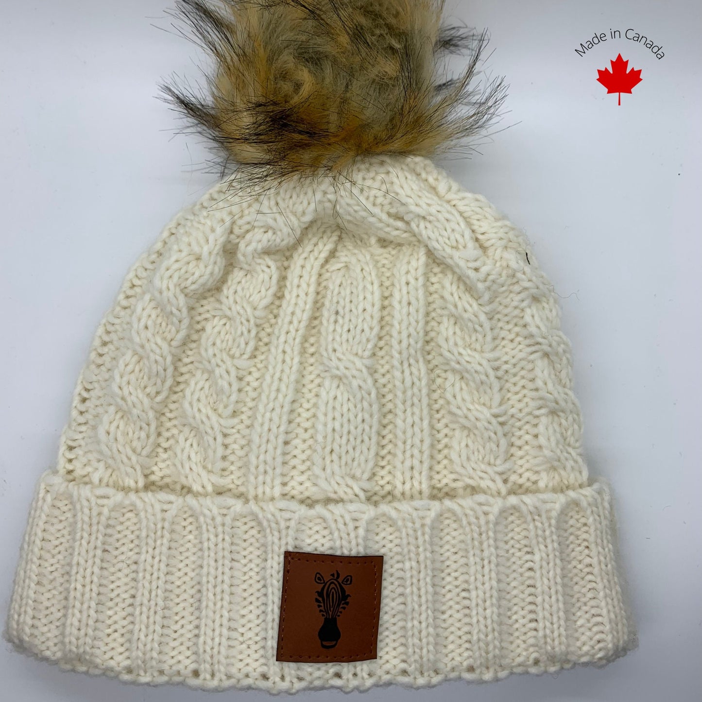 Women's Faux Fur Pom Pom Natural Wool Beanie with Alpaca wool blend hat