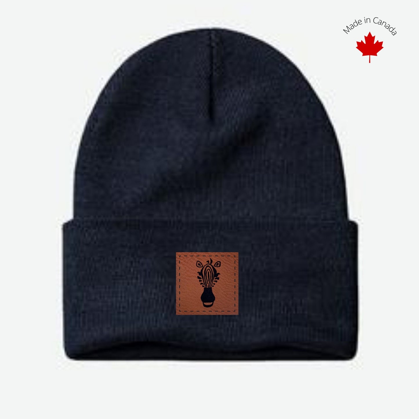 Navy Beanie with Faux Leather Patch Slouch Beanie