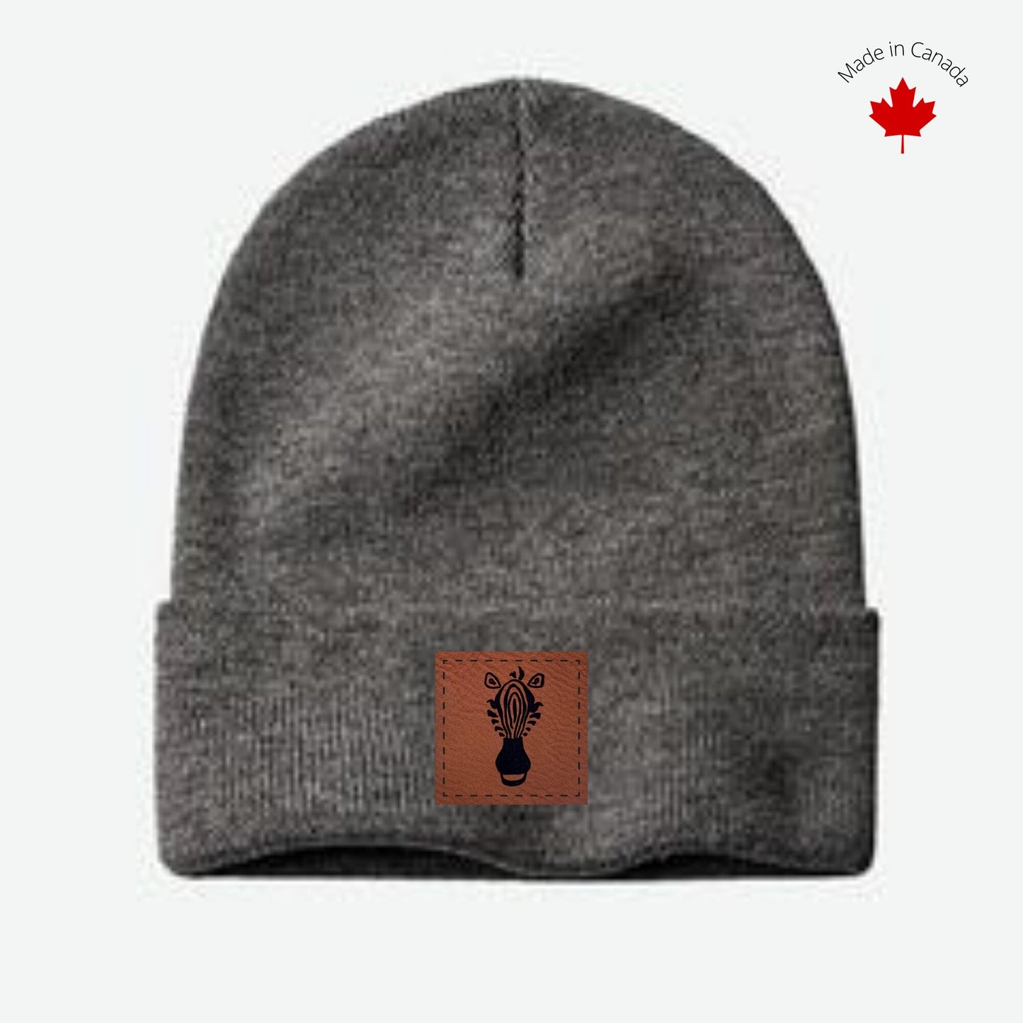 Medium Charcoal Grey Beanie with Faux Leather Patch Slouch Beanie