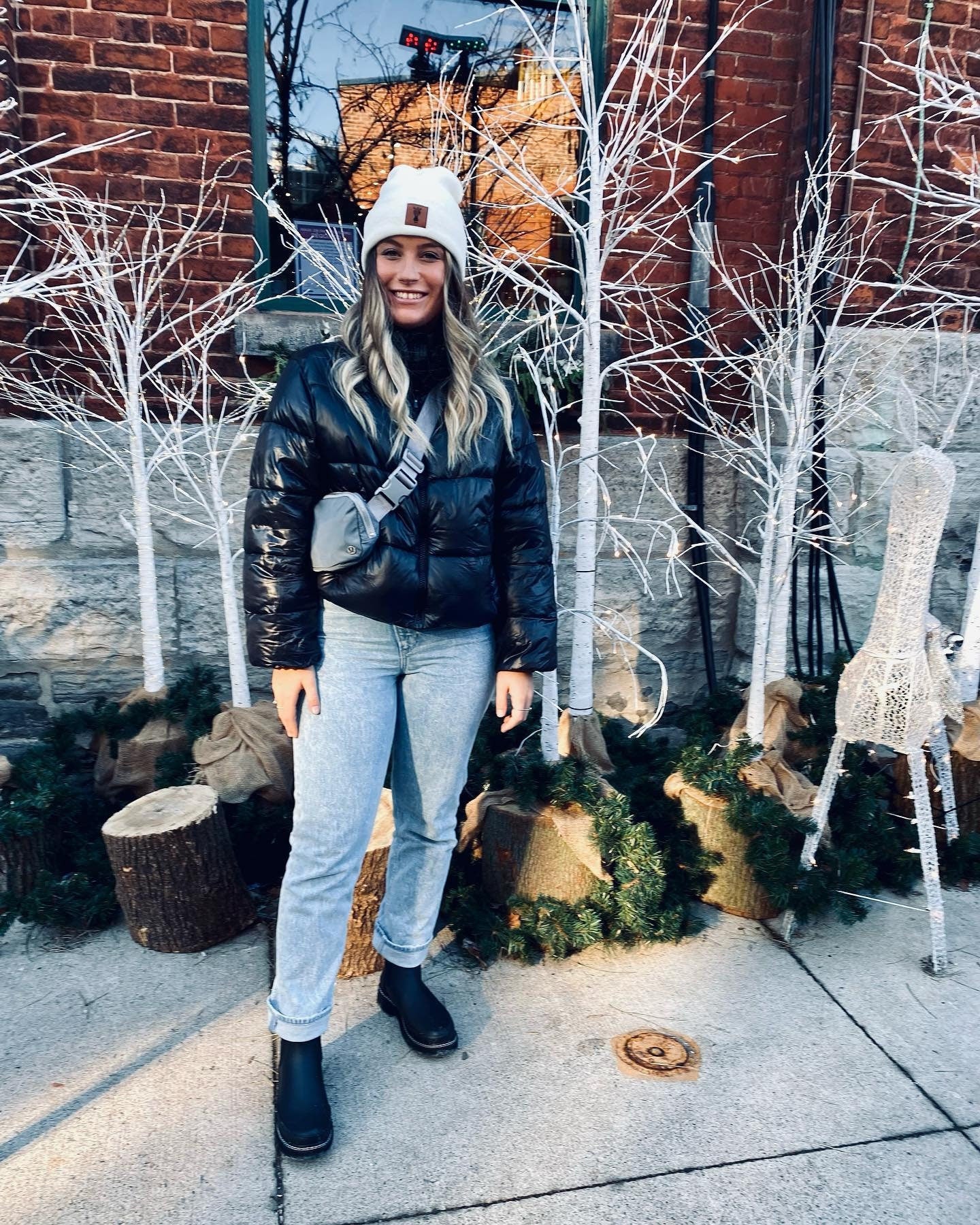 Navy Beanie with Faux Leather Patch Slouch Beanie