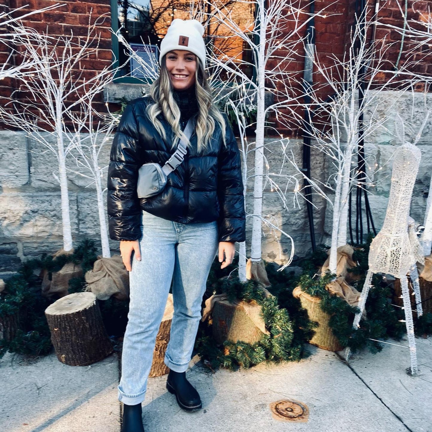 White Beanie with Faux Leather Patch Slouch Beanie