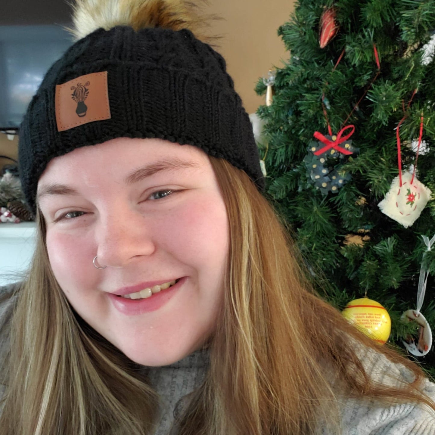 Women's Faux Fur Pom Pom Black Wool Beanie with Alpaca wool blend hat