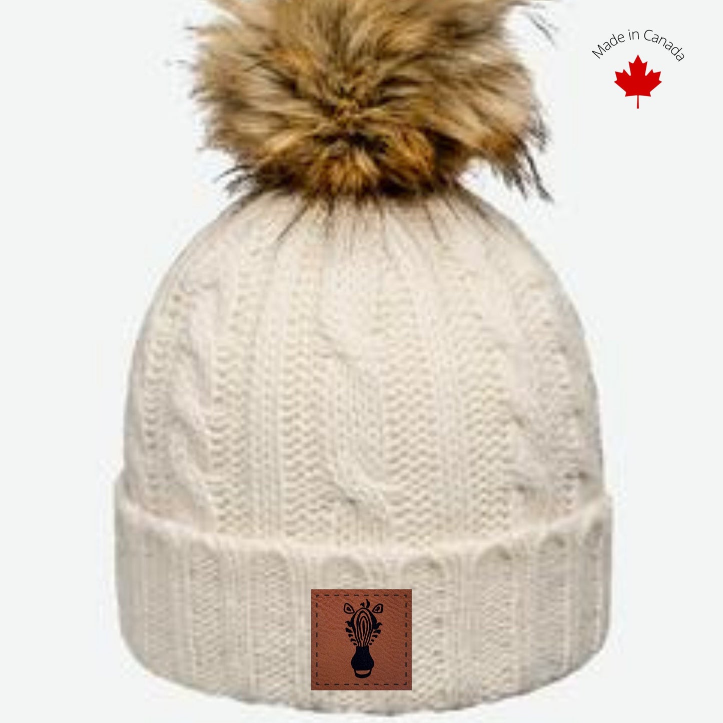 Women's Faux Fur Pom Pom Natural Wool Beanie with Alpaca wool blend hat