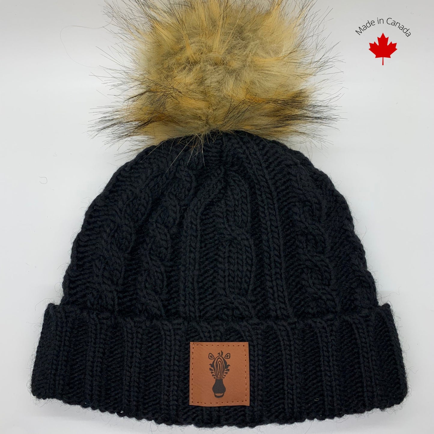 Women's Faux Fur Pom Pom Black Wool Beanie with Alpaca wool blend hat