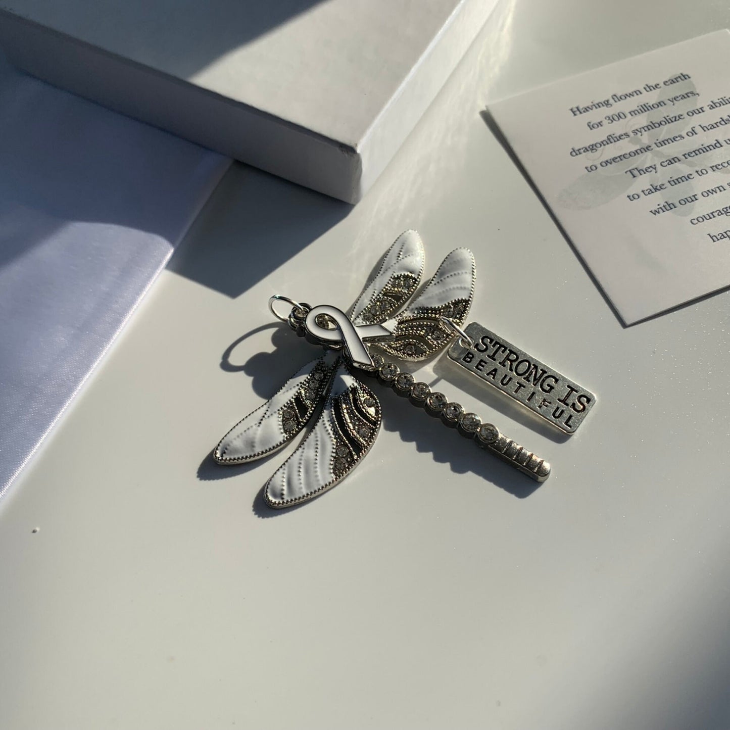 White Dragonfly Awareness Pendant, Strong is Beautiful Memorial Ornament, Keychain, Rear View Mirror Accessory, Warrior Gift,