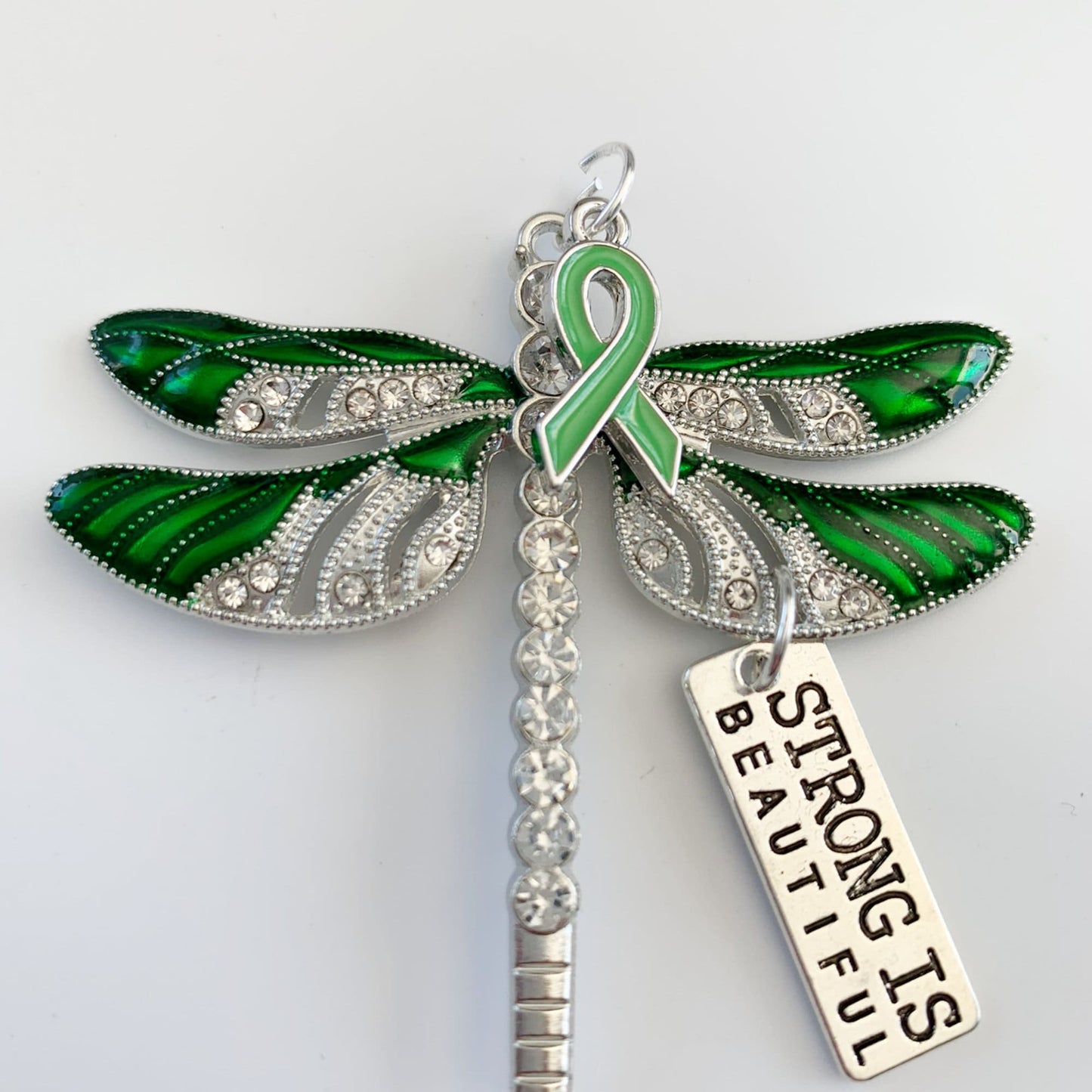 Green Dragonfly Awareness Pendant, Strong is Beautiful
