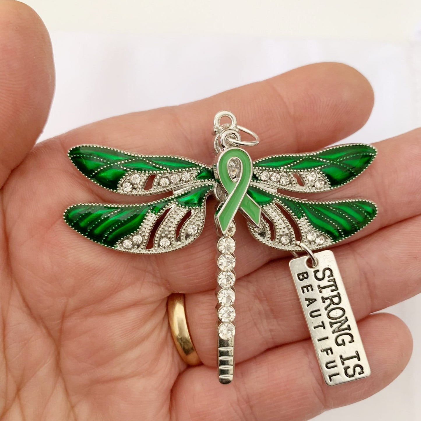 Green Dragonfly Awareness Pendant, Strong is Beautiful
