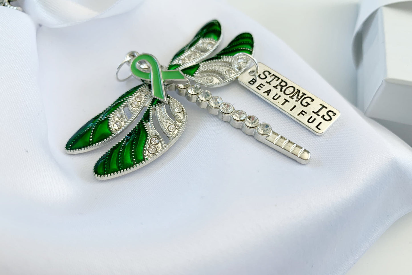 Green Dragonfly Awareness Pendant, Strong is Beautiful