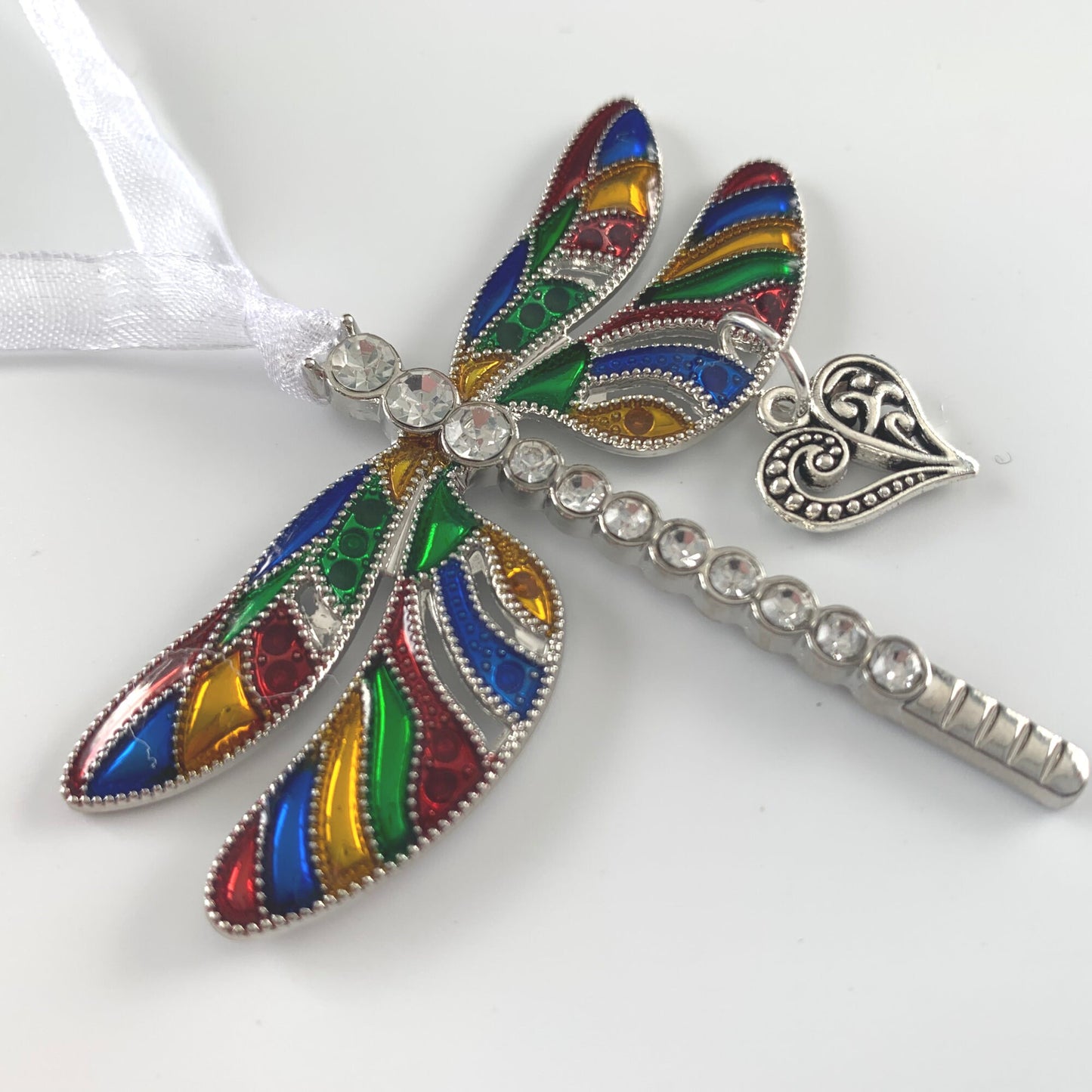 Rainbow Dragonfly Heart Pendant