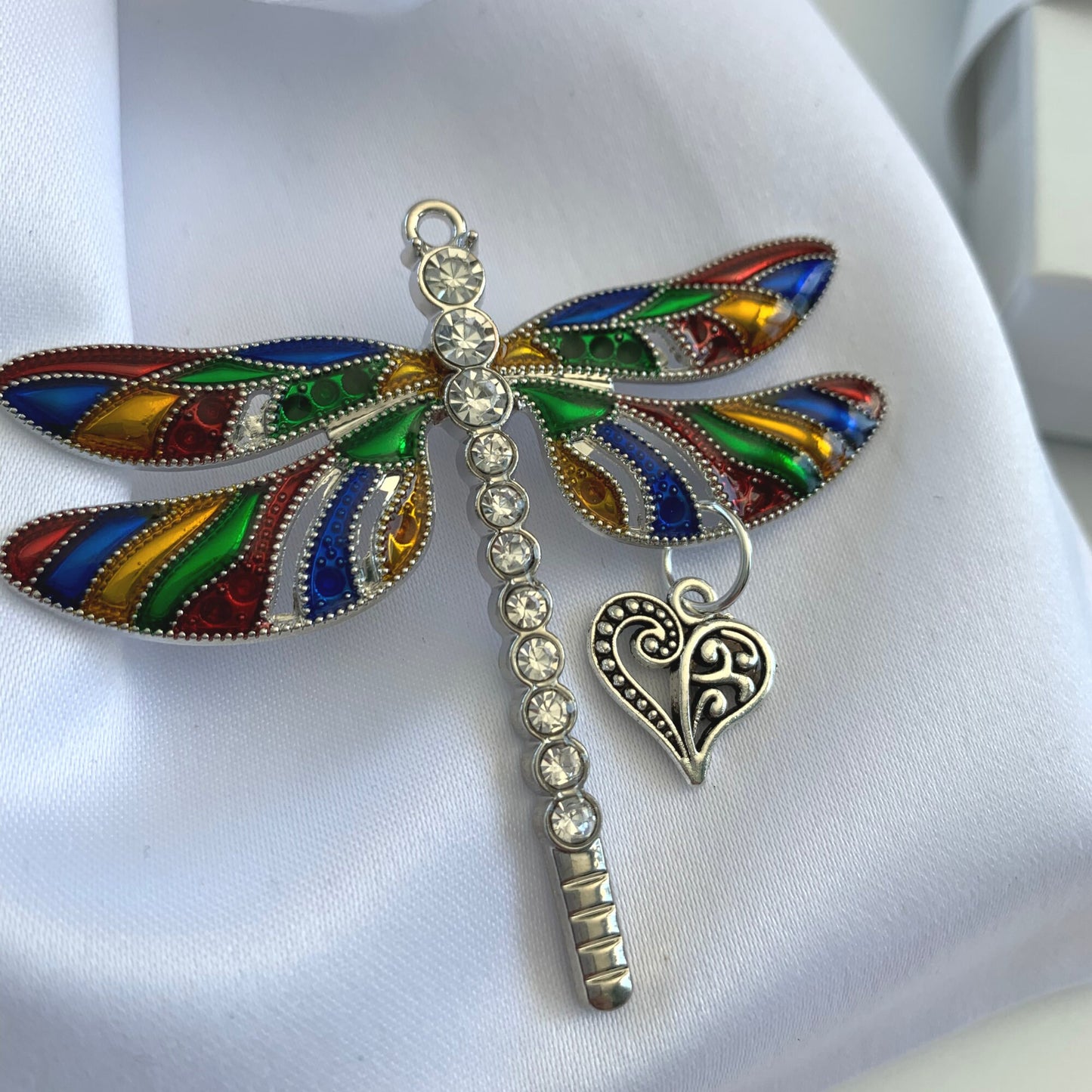 Rainbow Dragonfly Heart Pendant