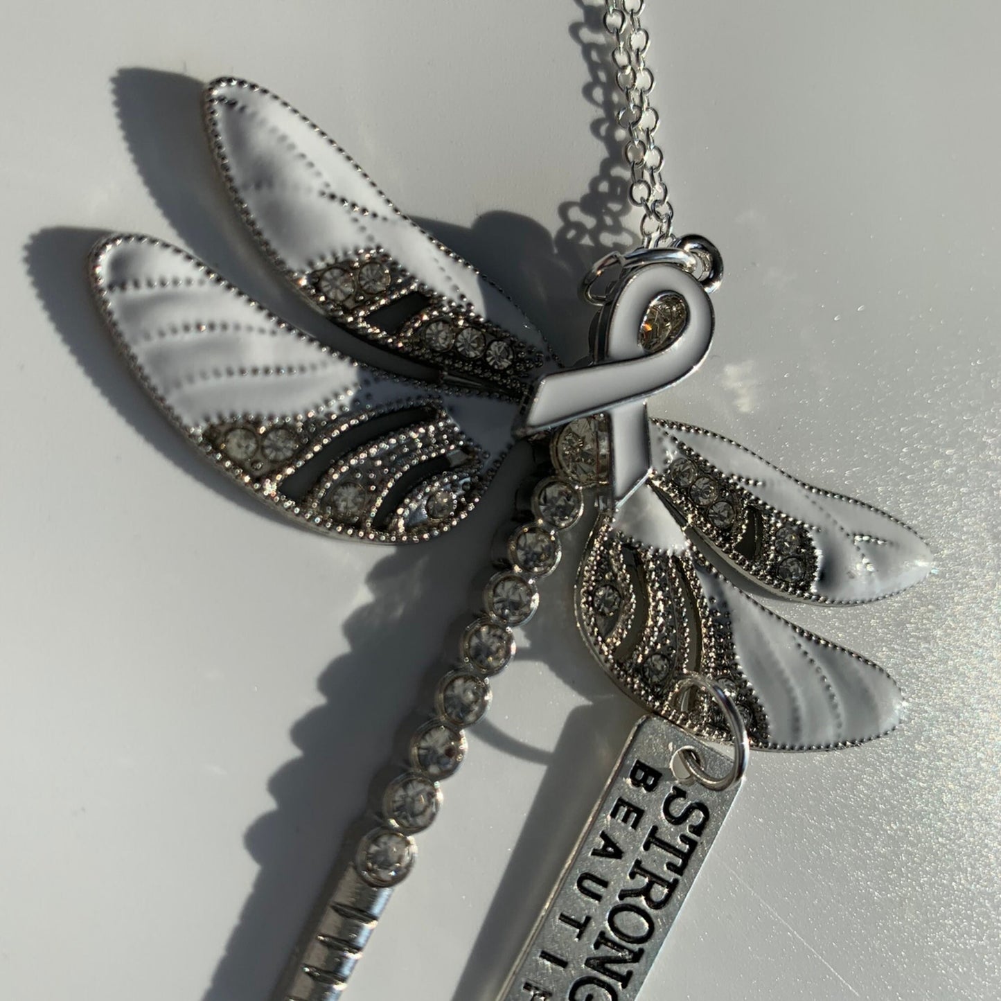 White Dragonfly Awareness Pendant, Strong is Beautiful Memorial Ornament, Keychain, Rear View Mirror Accessory, Warrior Gift,