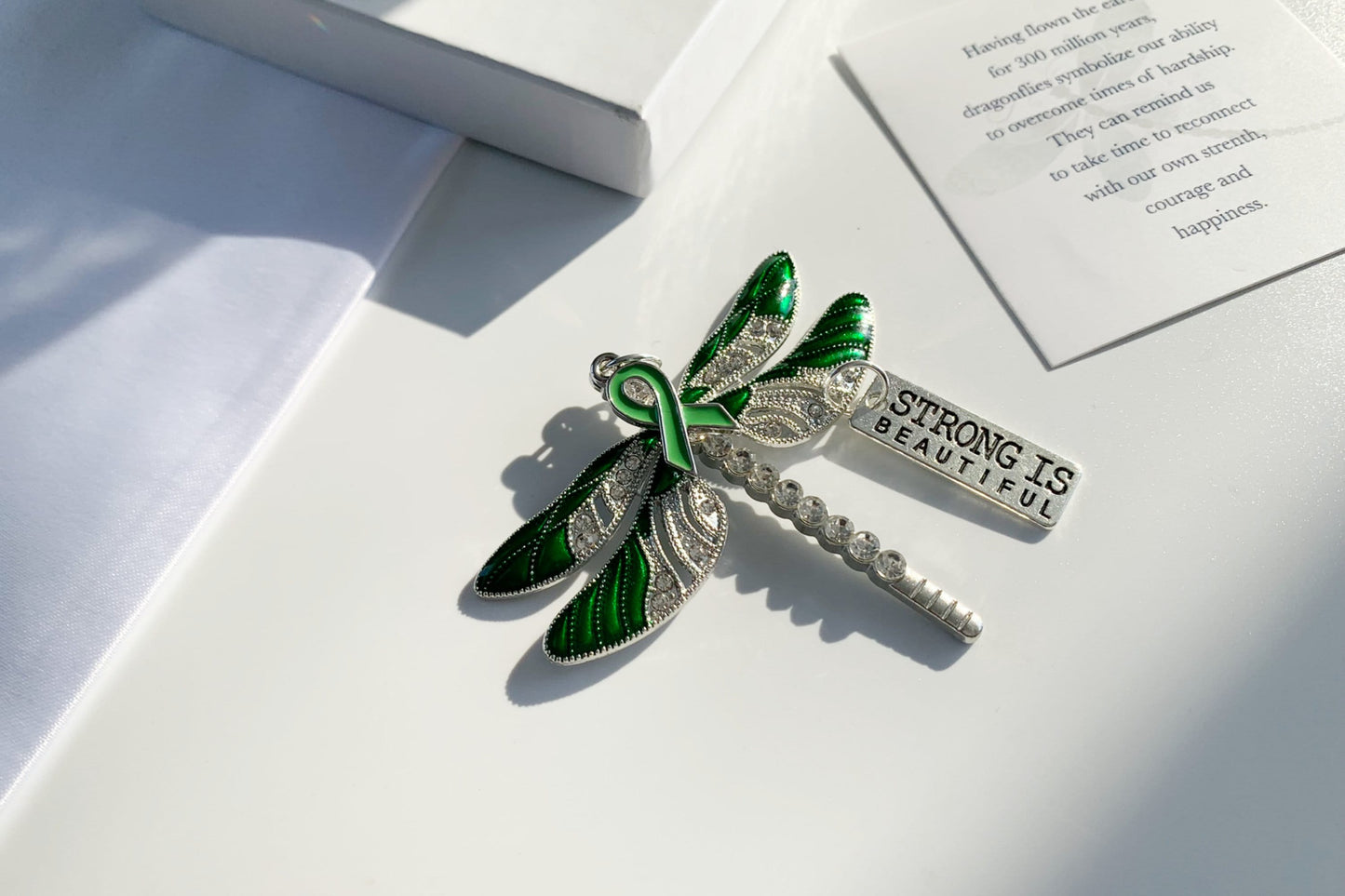 Green Dragonfly Awareness Pendant, Strong is Beautiful