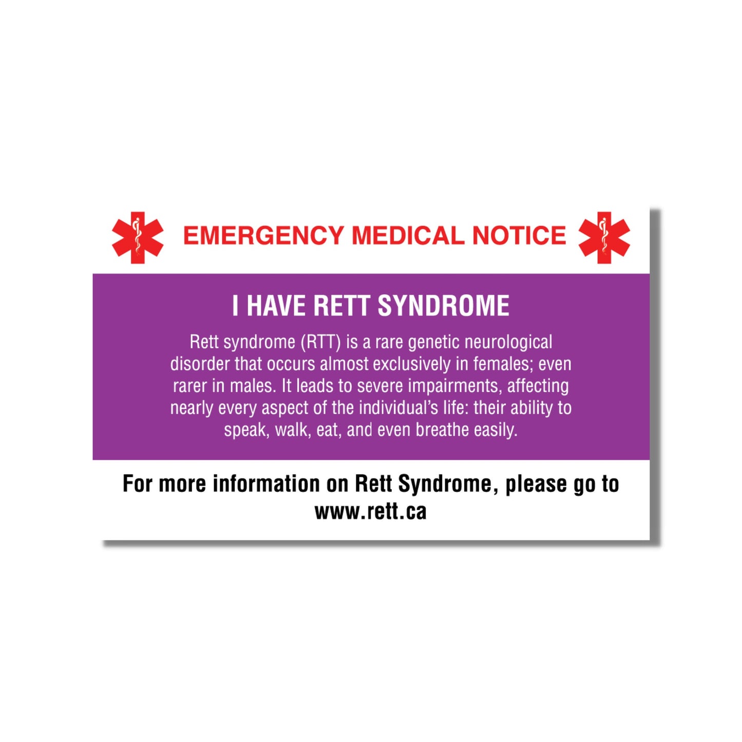 Emergency Medical Card Rett Syndrome Medic Alert Card, Rare Disease Awareness