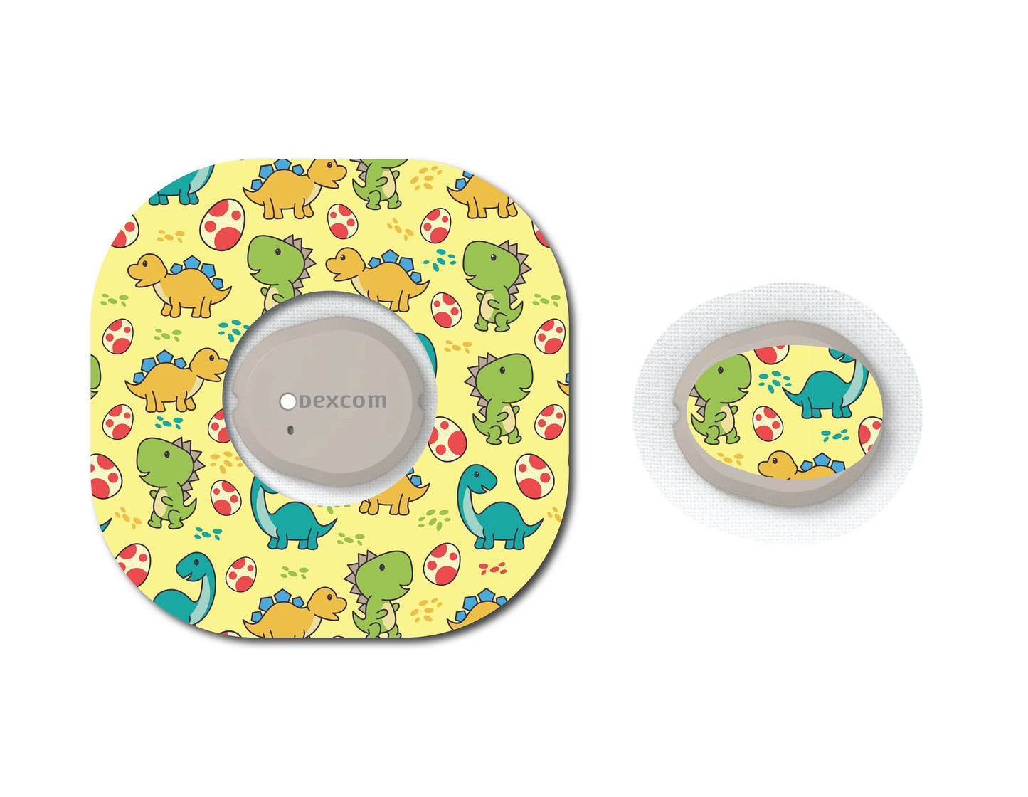 Dinosaurs on Yellow Continuous Glucose Monitor (CGM) Decorative Over Patch and Sticker/Tattoo Set