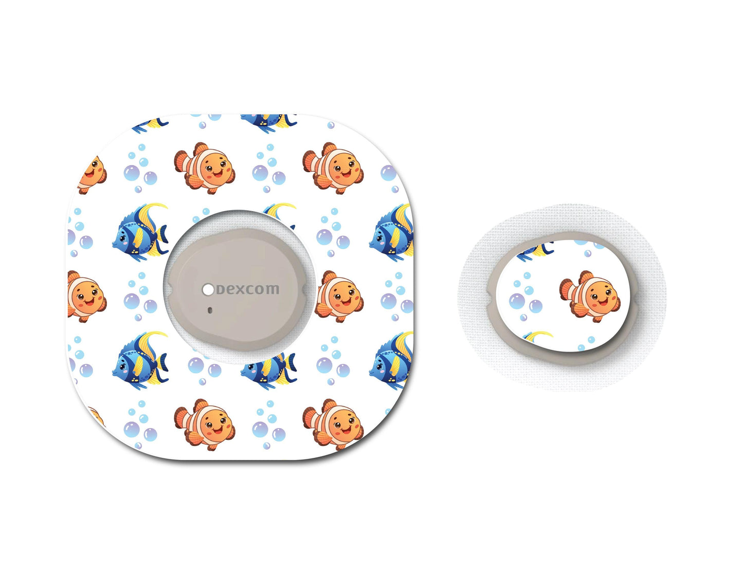 Clown and Blue Tang Fish Continuous Glucose Monitor (CGM) Decorative Over Patch and Sticker/Tattoo Set