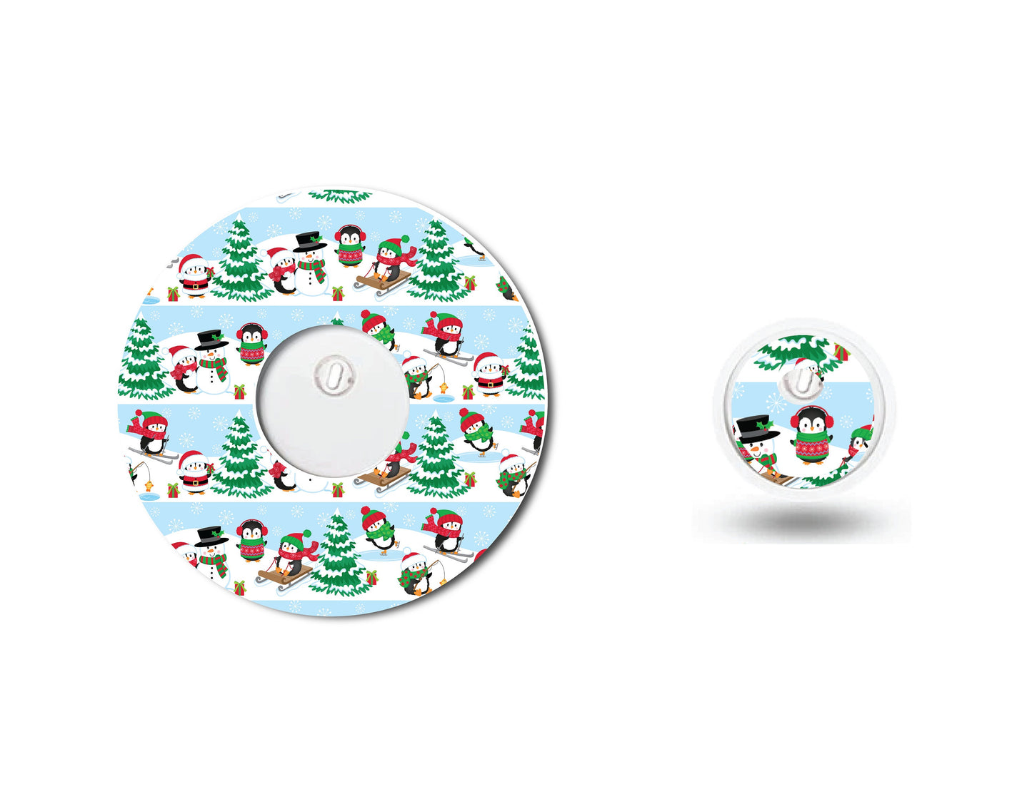 Christmas Penguins Stripes Blue  Continuous Glucose Monitor (CGM) Decorative Over Patch and Sticker/Tattoo Set