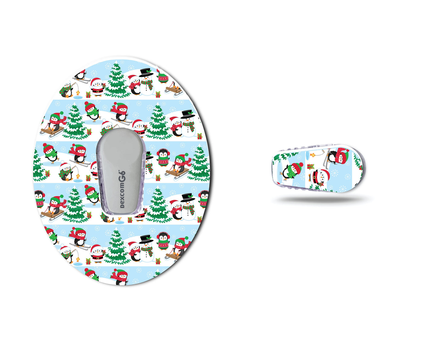 Christmas Penguins Stripes Blue  Continuous Glucose Monitor (CGM) Decorative Over Patch and Sticker/Tattoo Set