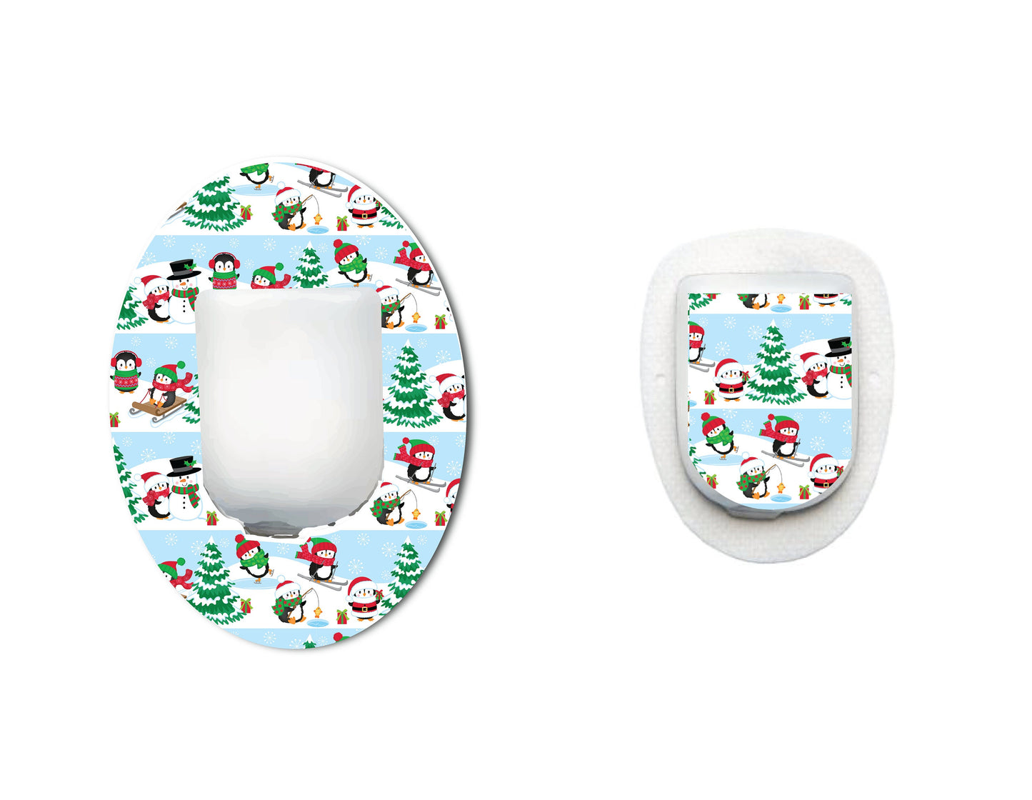 Christmas Penguins Stripes Blue  Continuous Glucose Monitor (CGM) Decorative Over Patch and Sticker/Tattoo Set