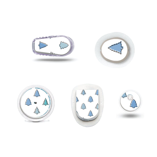 Blue Christmas Collection Trees on White Sticker for Freestyle Libre, Dexcom, Omnipod Continuous Glucose Monitor patches and stickers