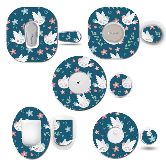 Birds and Folk Flowers Continuous Glucose Monitor (CGM) Decorative Over Patch and Sticker/Tattoo Set