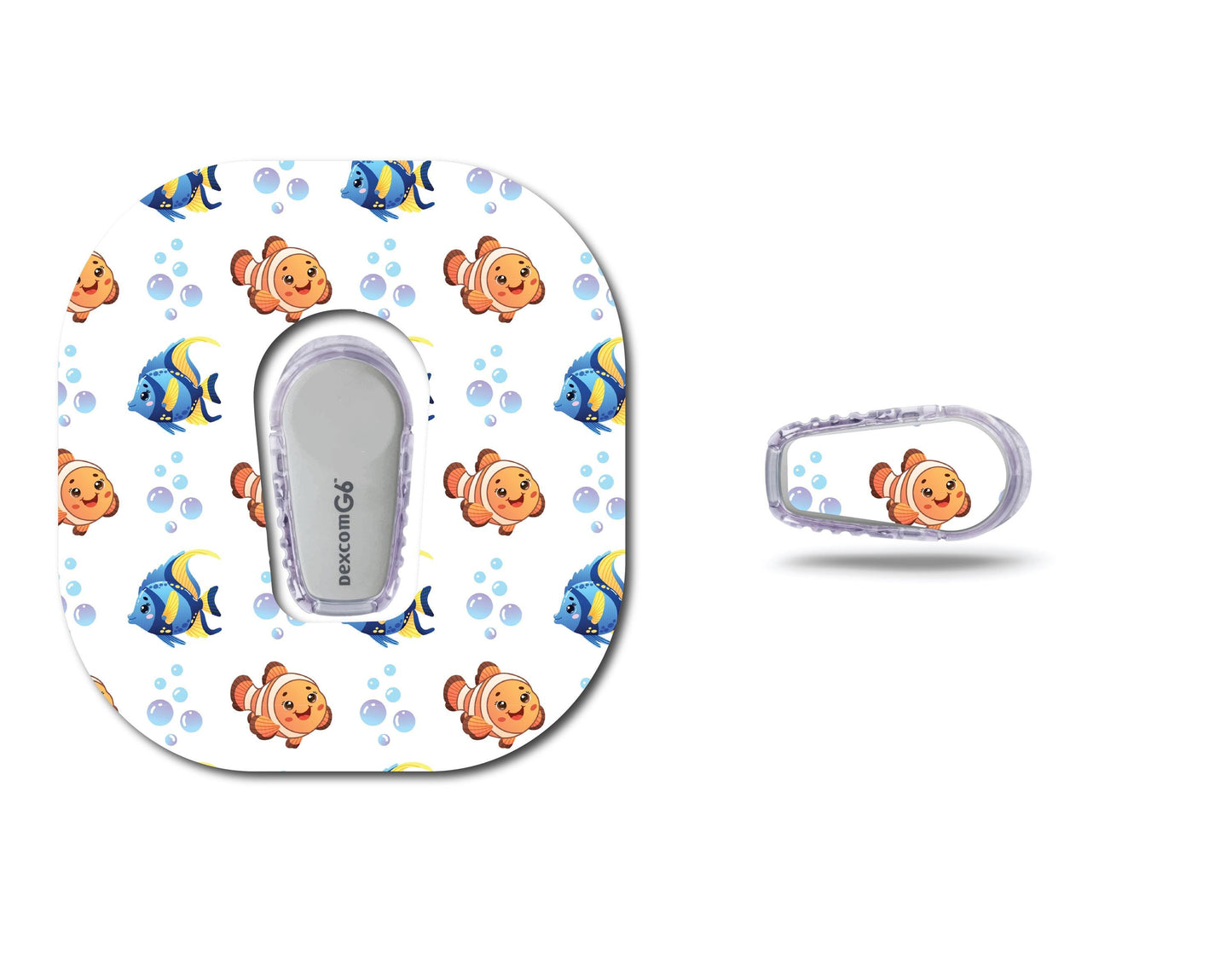 Clown and Blue Tang Fish Continuous Glucose Monitor (CGM) Decorative Over Patch and Sticker/Tattoo Set