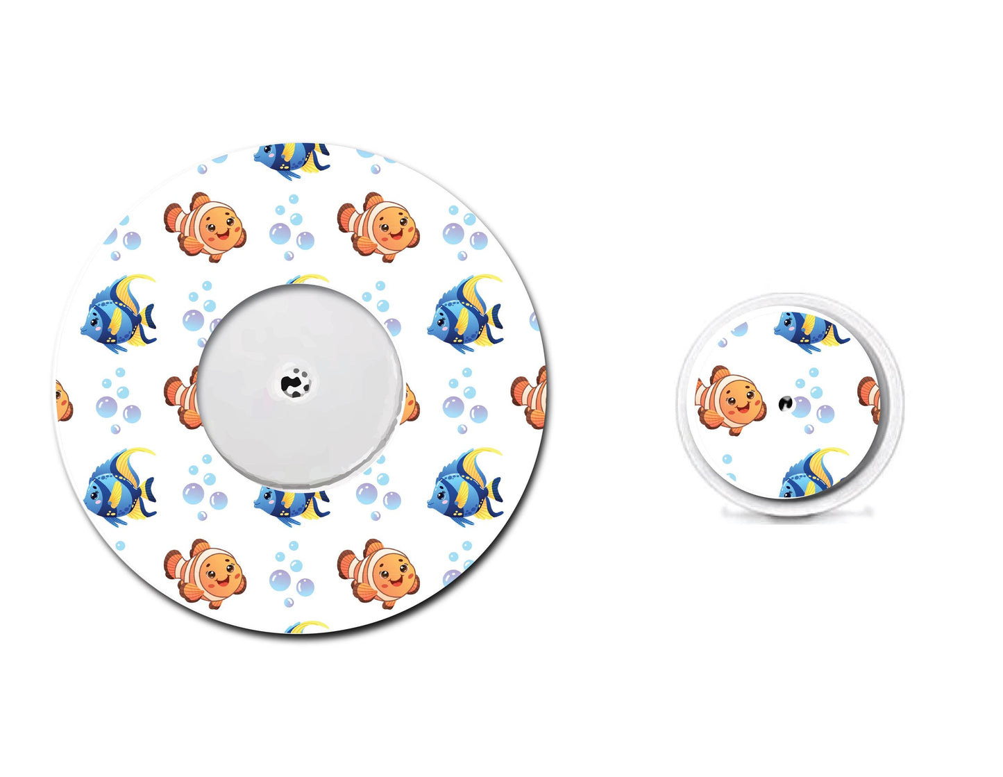 Clown and Blue Tang Fish Continuous Glucose Monitor (CGM) Decorative Over Patch and Sticker/Tattoo Set