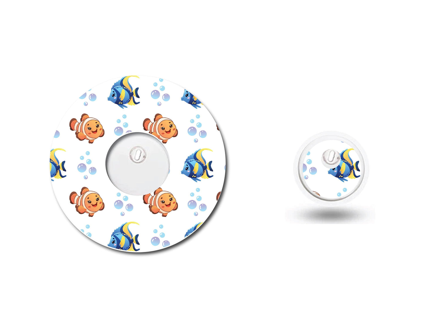 Clown and Blue Tang Fish Continuous Glucose Monitor (CGM) Decorative Over Patch and Sticker/Tattoo Set