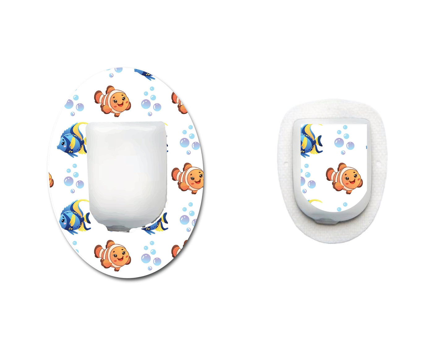 Clown and Blue Tang Fish Continuous Glucose Monitor (CGM) Decorative Over Patch and Sticker/Tattoo Set