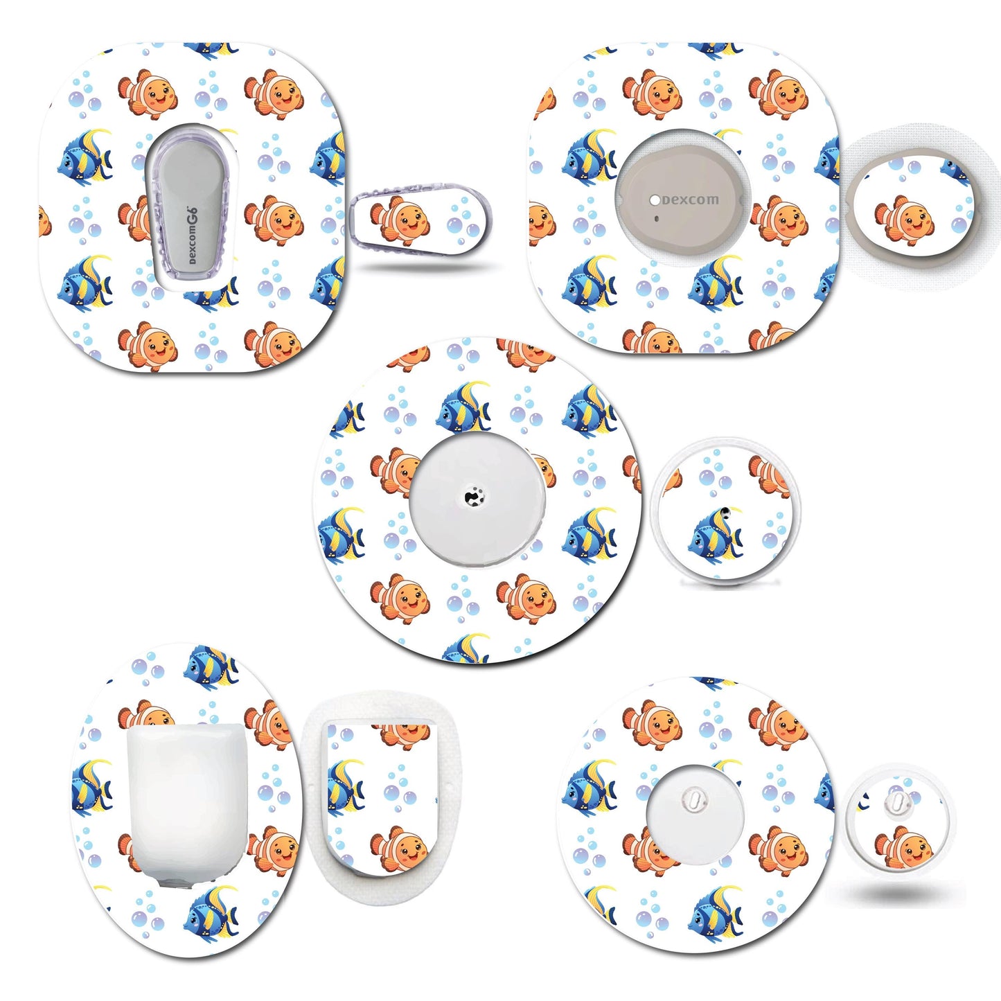 Clown and Blue Tang Fish Continuous Glucose Monitor (CGM) Decorative Over Patch and Sticker/Tattoo Set