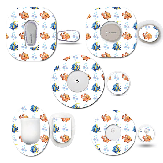 Clown and Blue Tang Fish Continuous Glucose Monitor (CGM) Decorative Over Patch and Sticker/Tattoo Set